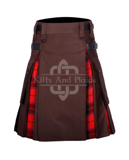 Brown Cotton Scottish Rose Tartan Hybrid Kilt