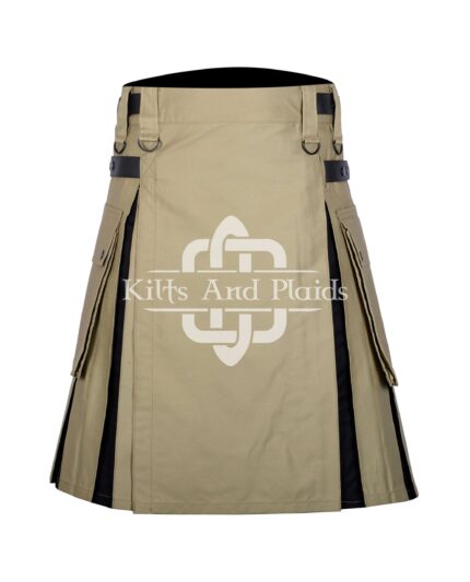 Khaki Cotton Black Tartan Hybrid Kilt