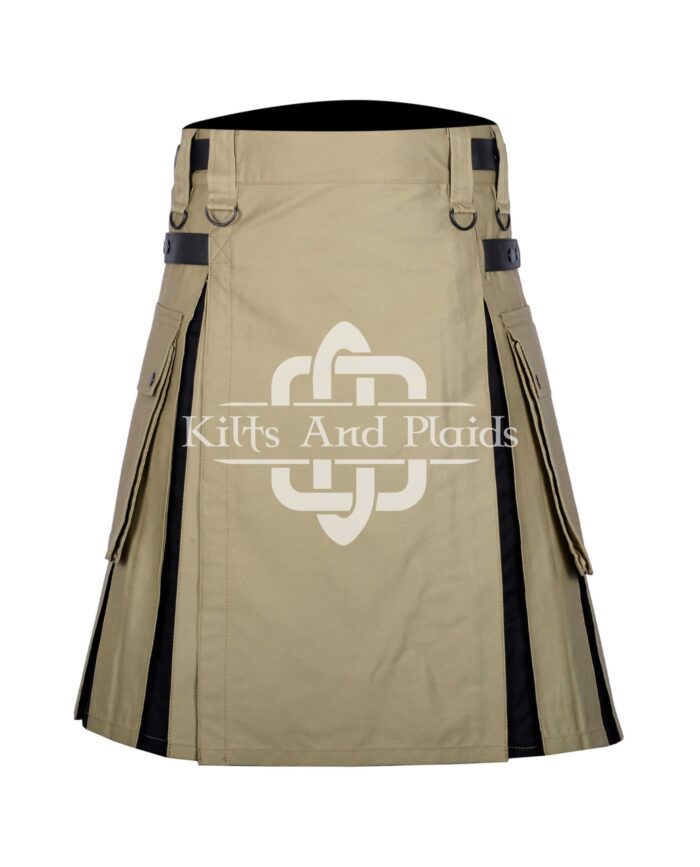 Khaki Cotton Black Tartan Hybrid Kilt