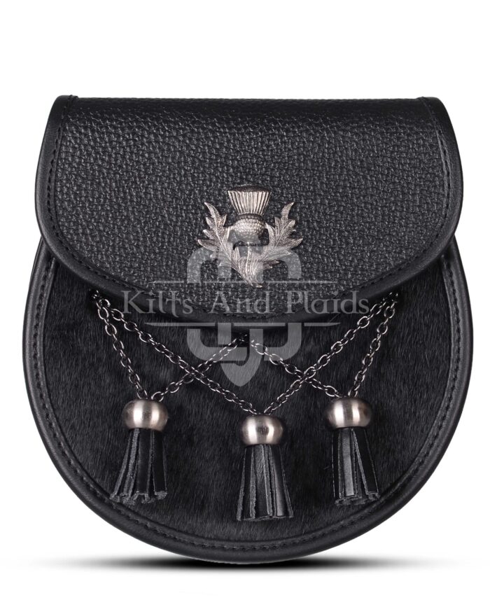 Black Leather Bovine Fur Cross Tassels Semi Dress Sporran