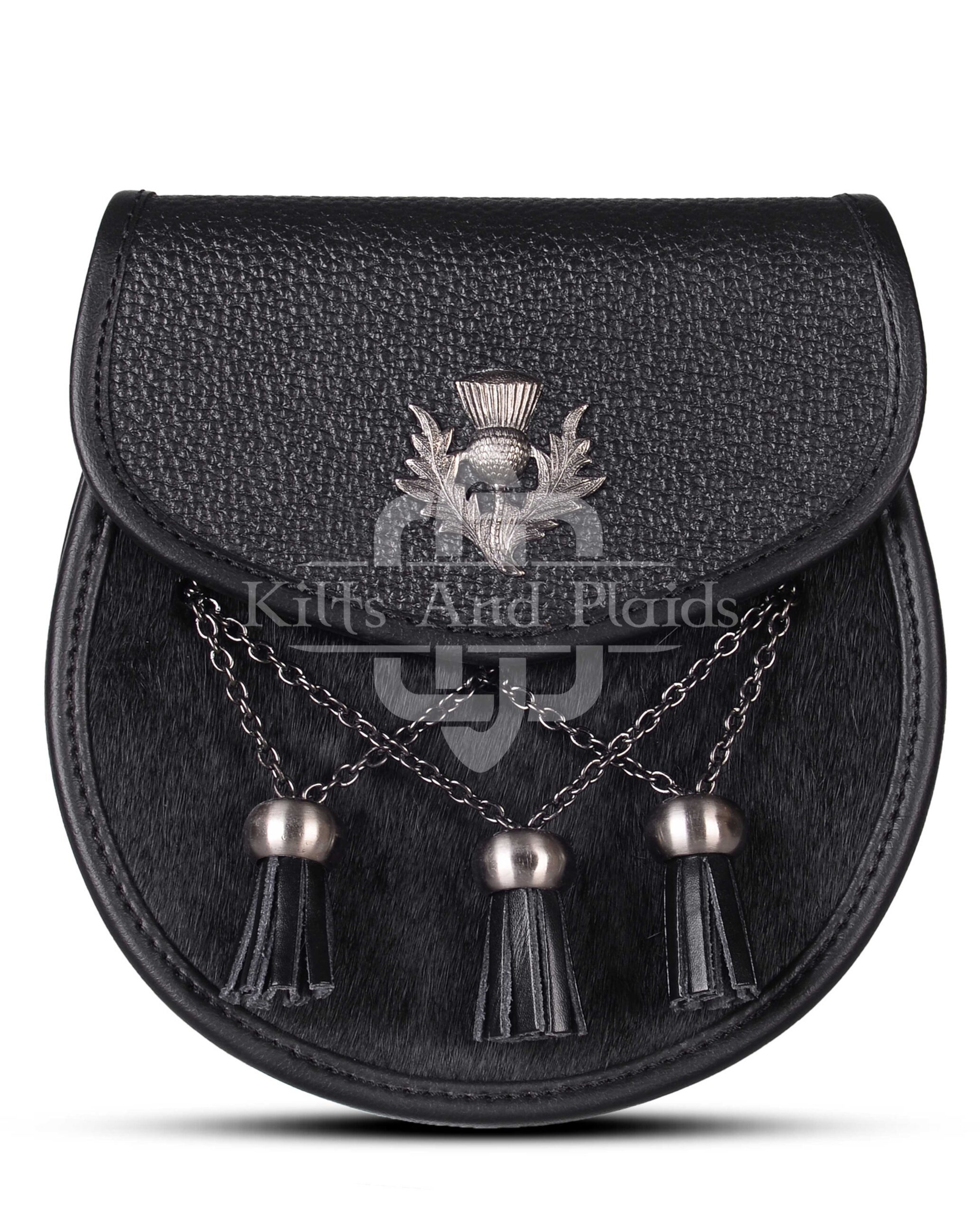 Black Leather Bovine Fur Cross Tassels Semi Dress Sporran