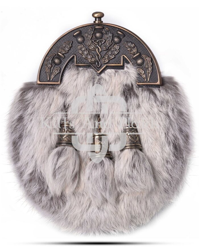 Brass Thistle Semi White Fur Sporran