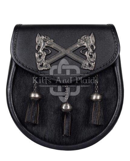 Cross Rampant Lion Emblem Black Leather Semi Dress Sporran