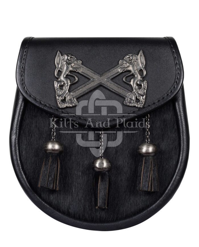 Cross Rampant Lion Emblem Black Leather Semi Dress Sporran