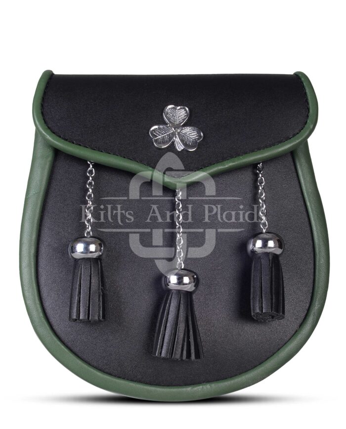Shamrock Emblem Black Leather Plain Sporran
