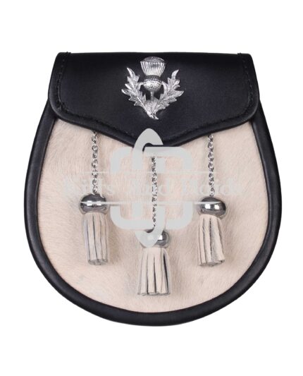 Thistle Emblem Black Leather White Bovine Fur Semi Dress Sporran