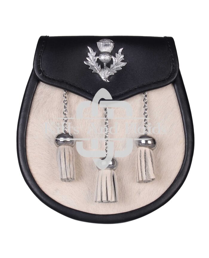 Thistle Emblem Black Leather White Bovine Fur Semi Dress Sporran
