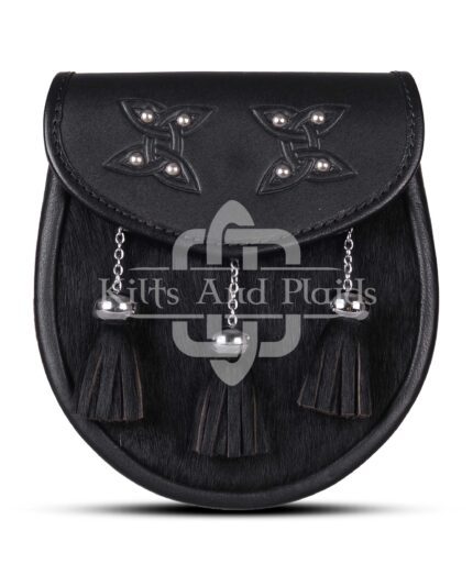 Celtic Knots Black Leather Black Bovine Fur Semi Dress Sporran