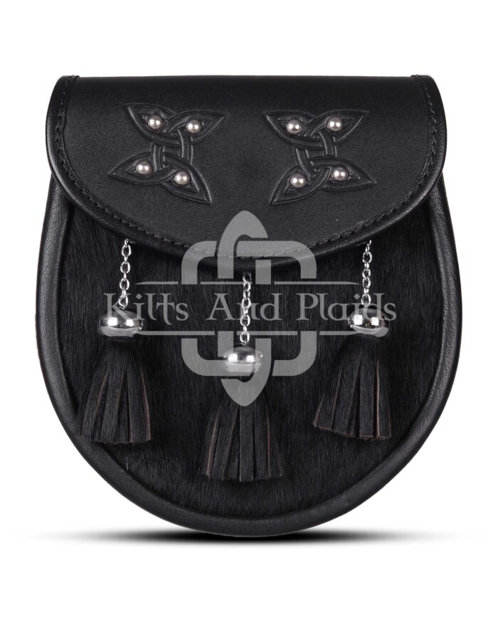 Celtic Knots Black Leather Black Bovine Fur Semi Dress Sporran