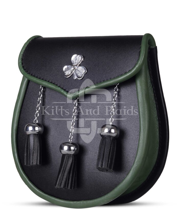 Shamrock Emblem Black Leather Plain Sporran