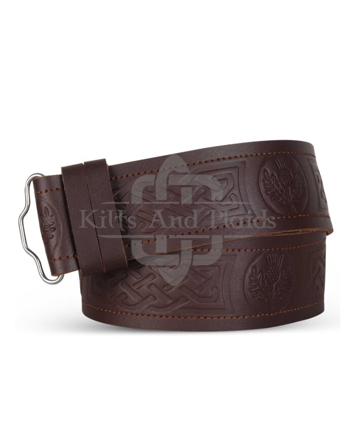 Thistle Embossed Brown Leather Kilt Belt