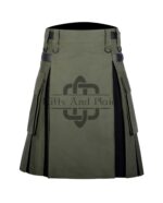 Olive Green Cotton - Black Tartan Hybrid Kilt