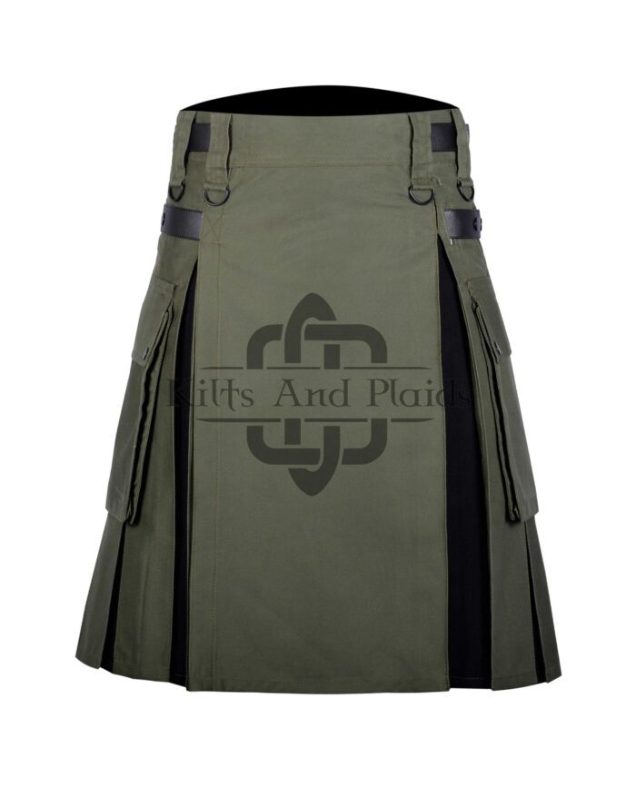 Olive Green Cotton - Black Tartan Hybrid Kilt