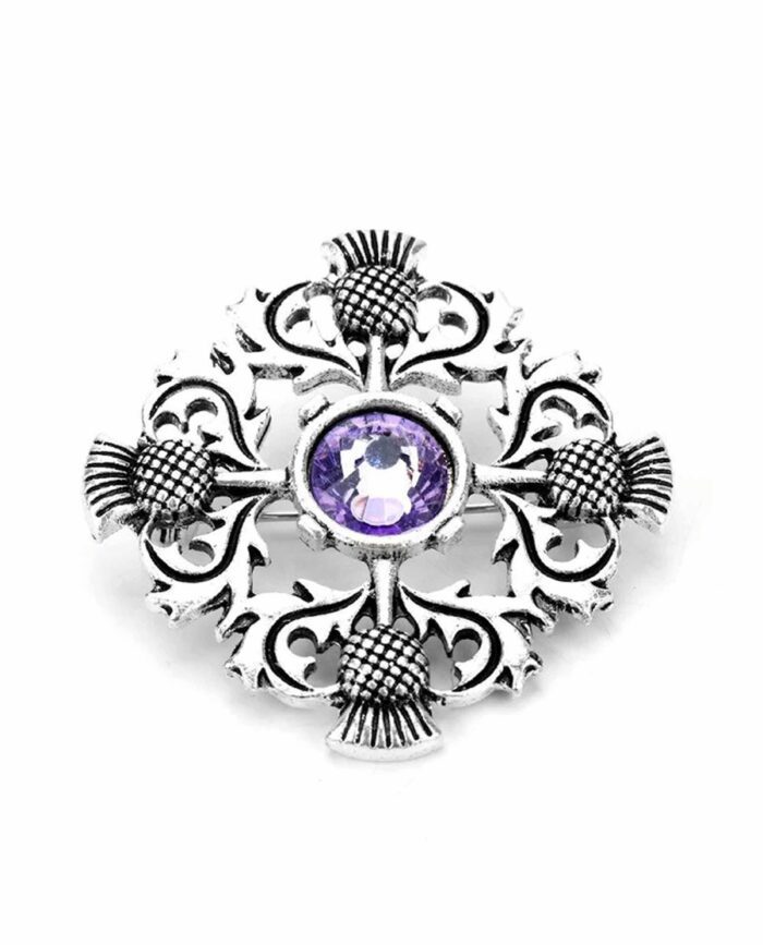 Scottish Four Thistle Amethyst Brooch