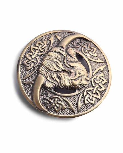 Scottish Highland Cow Kilt Antique Brass Brooch