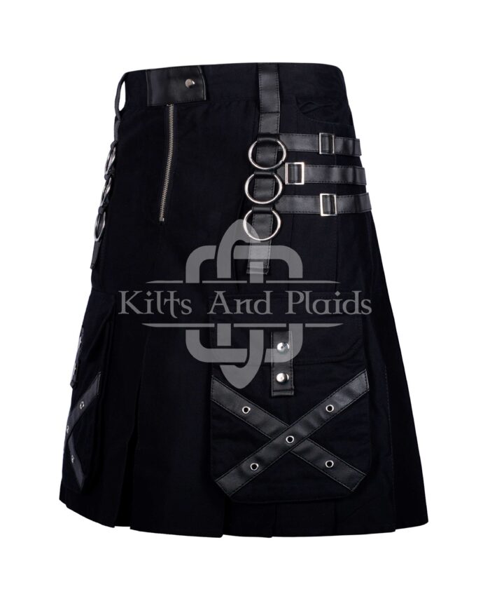 Black Cotton Gothic Kilt Leather Strap with Chain
