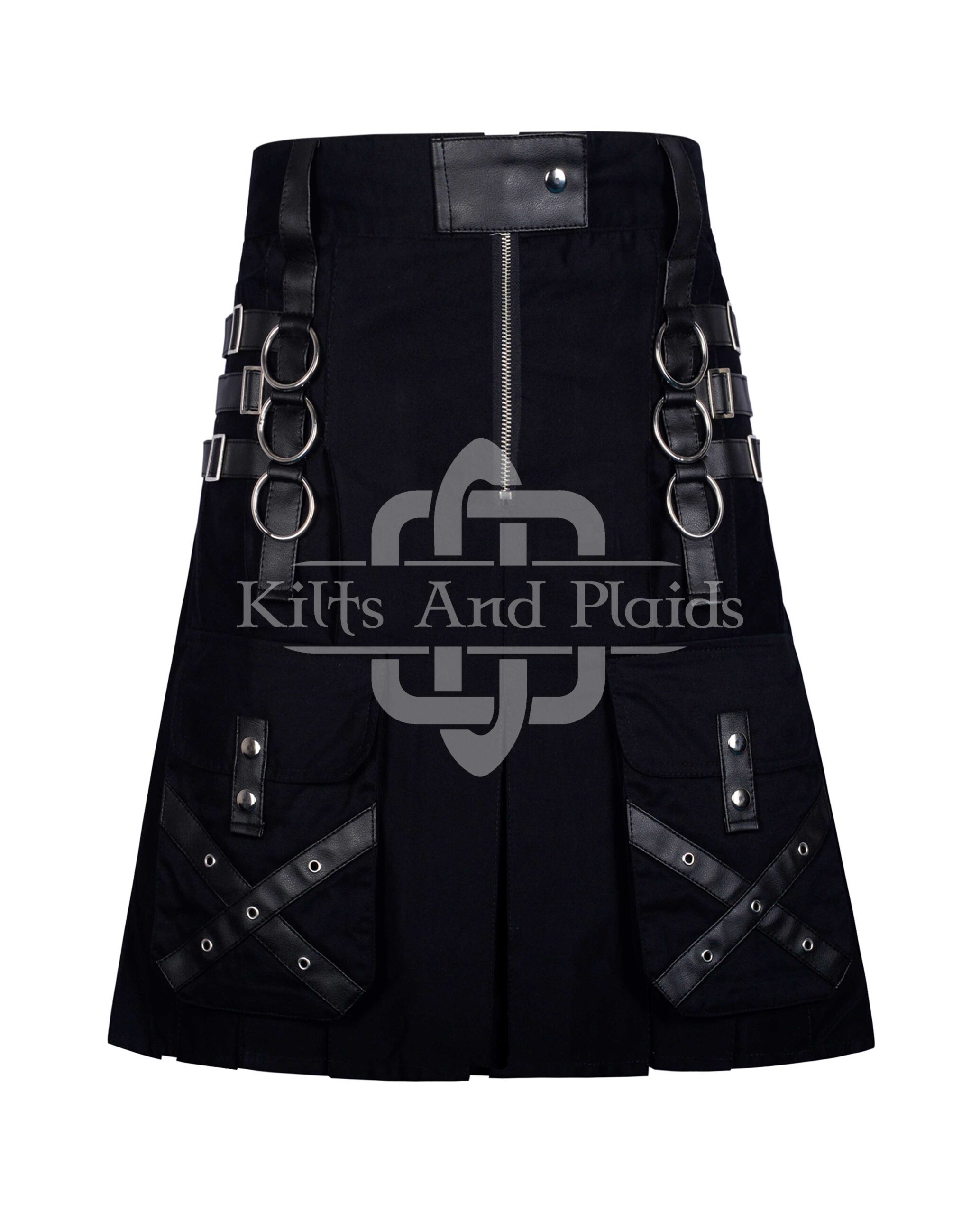 Black Cotton Gothic Kilt Leather Strap with Chain