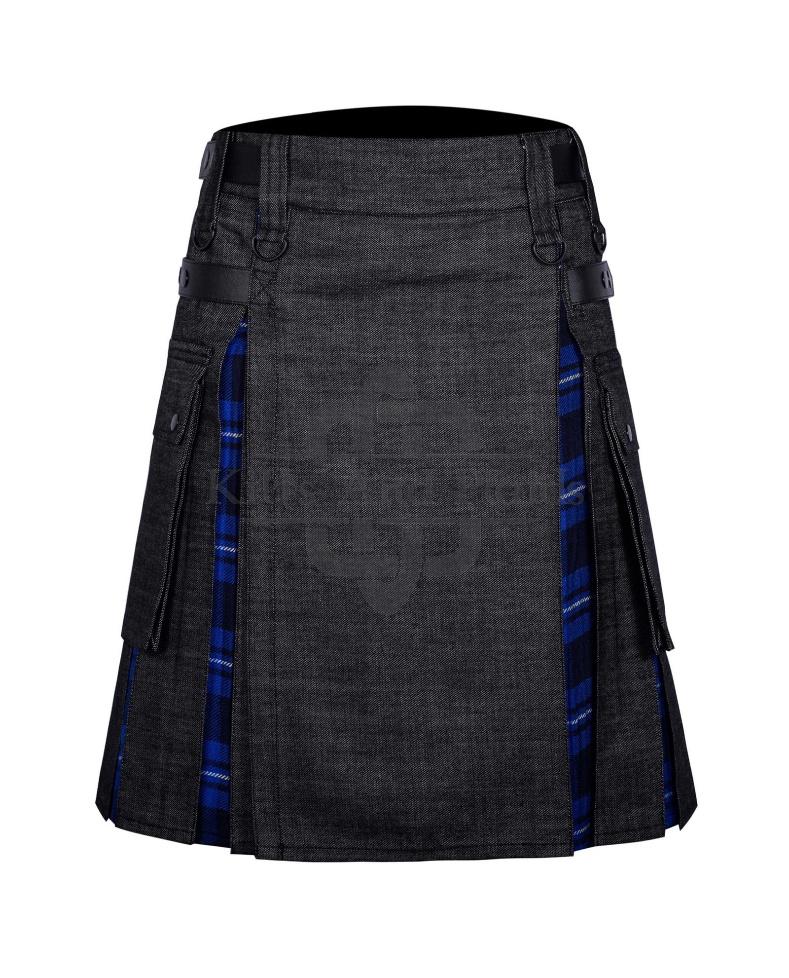 Black Denim - Ramsay Blue Tartan Hybrid Kilt (3) Black Denim Ramsay Blue Hybrid Kilt