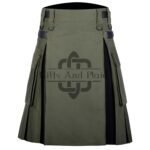 Olive Green Cotton - Black Tartan Hybrid Kilt