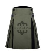 Olive Green Cotton - Black Tartan Hybrid Kilt