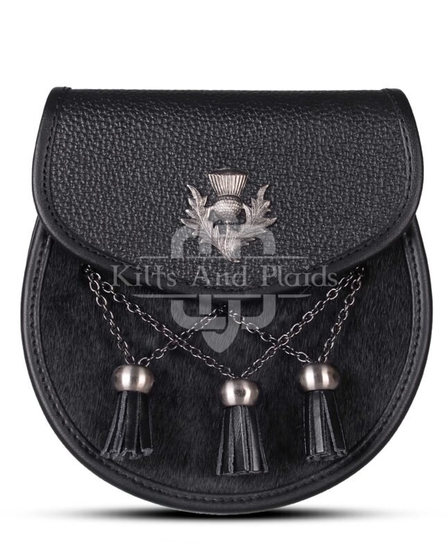 Black Leather Bovine Fur Cross Tassels Semi Dress Sporran