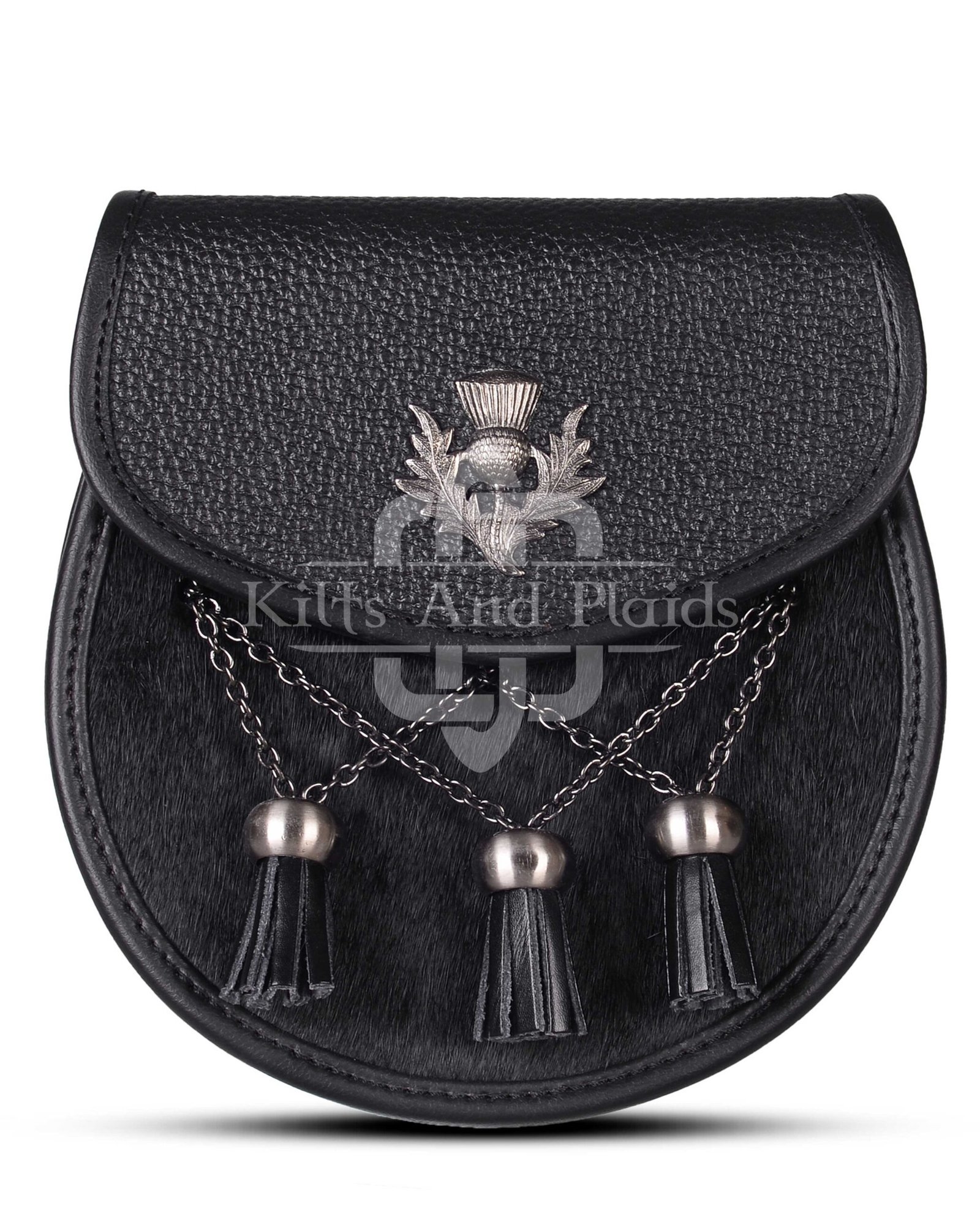 Black Leather Bovine Fur Cross Tassels Semi Dress Sporran