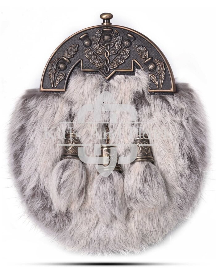 Brass Thistle Semi White Fur Sporran