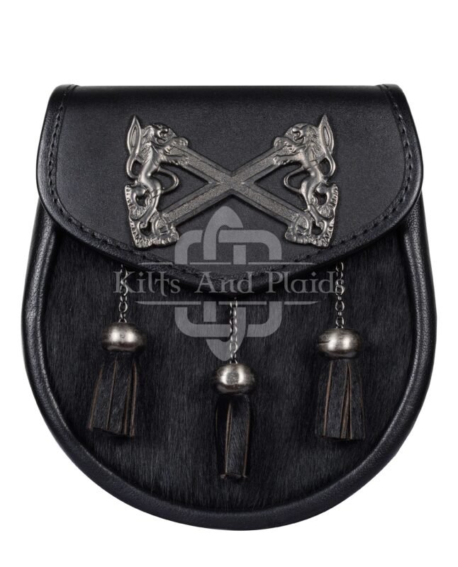 Cross Rampant Lion Emblem Black Leather Semi Dress Sporran