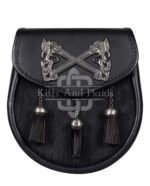Cross Rampant Lion Emblem Black Leather Semi Dress Sporran
