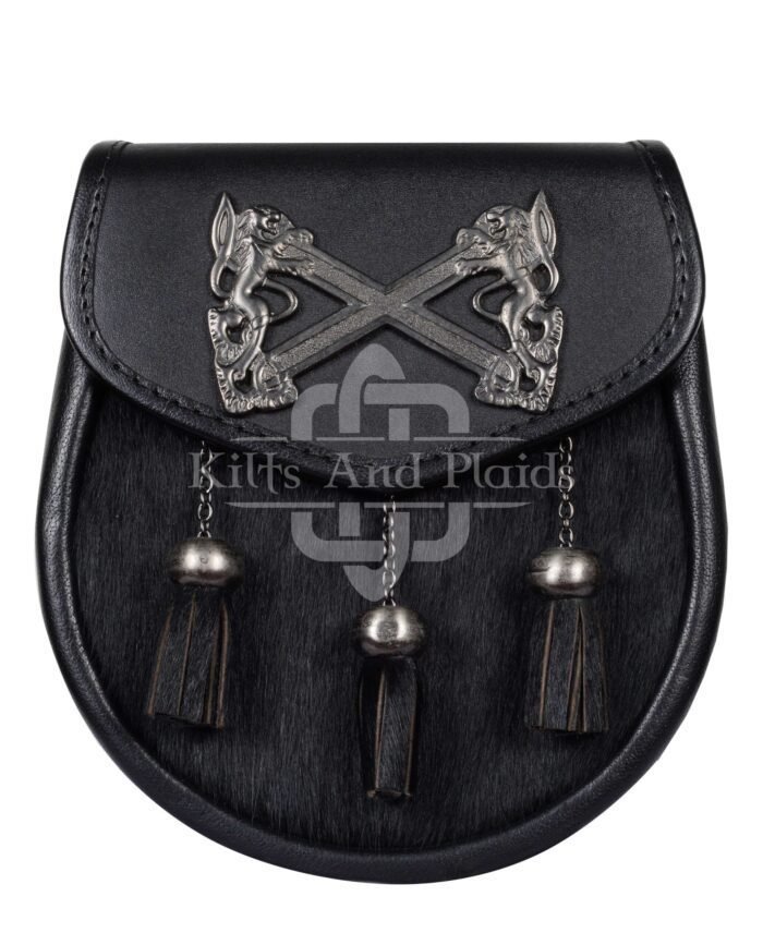 Cross Rampant Lion Emblem Black Leather Semi Dress Sporran