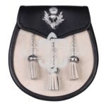 Thistle Emblem Black Leather White Bovine Fur Semi Dress Sporran