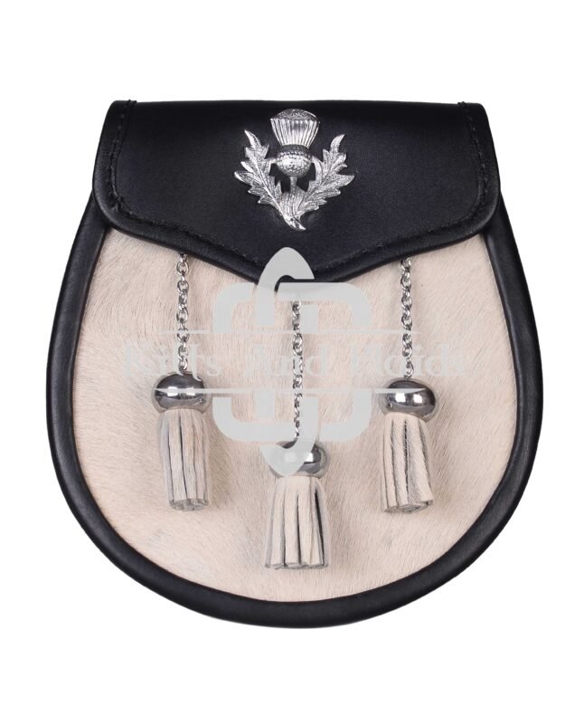 Thistle Emblem Black Leather White Bovine Fur Semi Dress Sporran