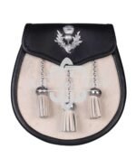 Thistle Emblem Black Leather White Bovine Fur Semi Dress Sporran