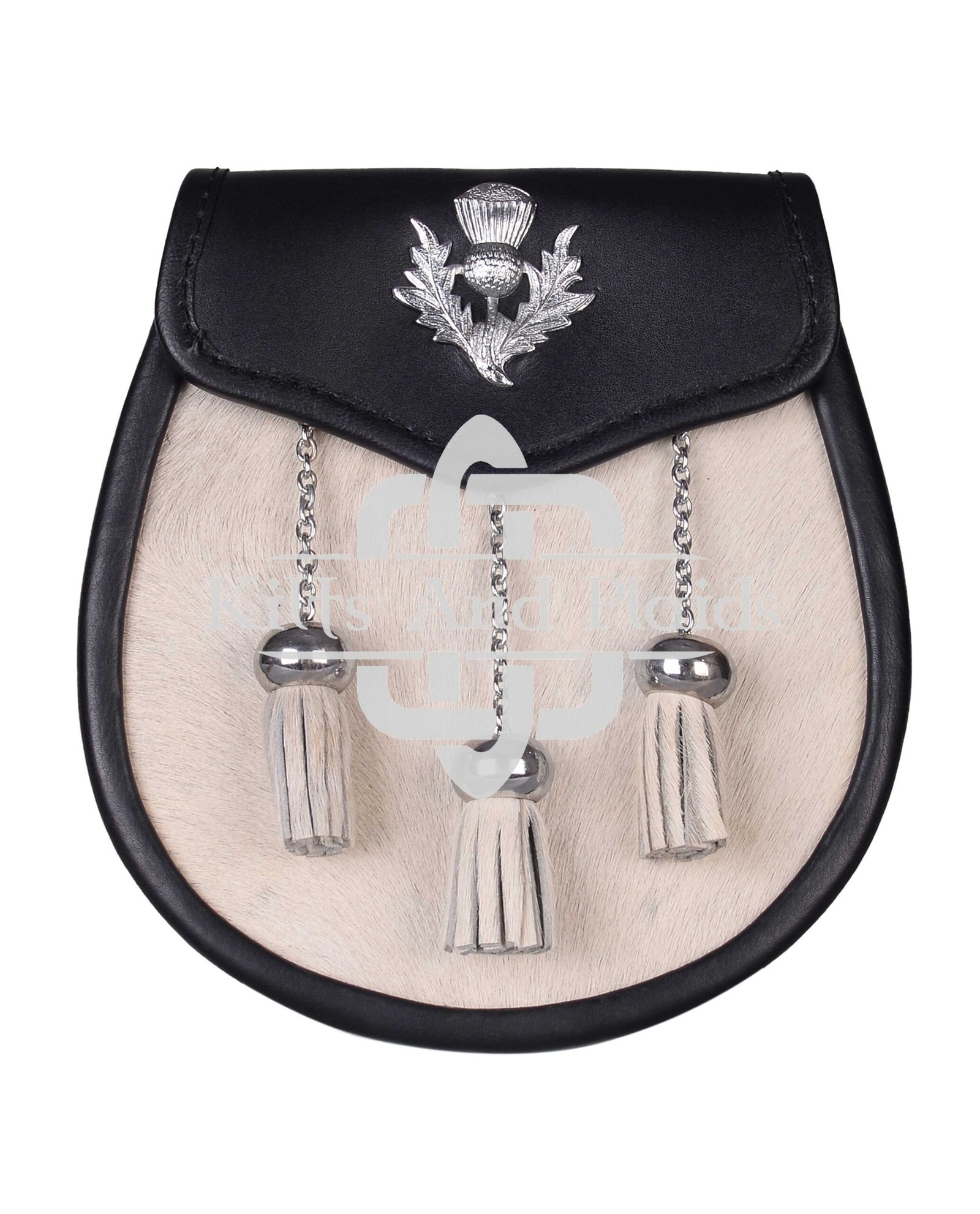 Thistle Emblem Black Leather White Bovine Fur Semi Dress Sporran