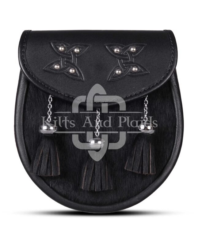 Celtic Knots Black Leather Black Bovine Fur Semi Dress Sporran