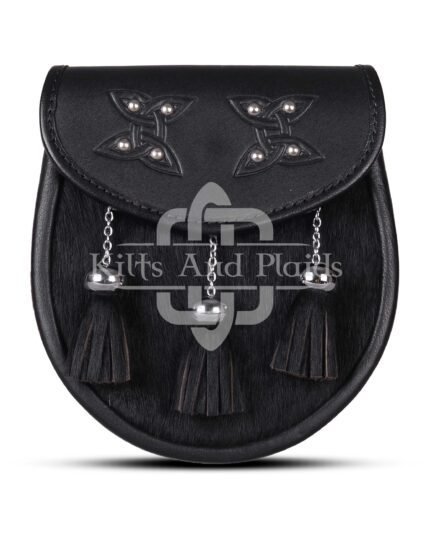 Celtic Knots Black Leather Black Bovine Fur Semi Dress Sporran