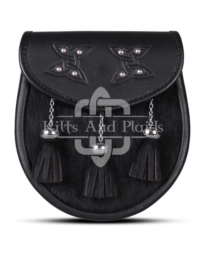 Celtic Knots Black Leather Black Bovine Fur Semi Dress Sporran