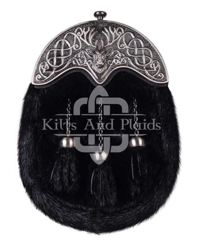 Nickle Brushed Stag Head Black Seal Fur Full Dress Sporran