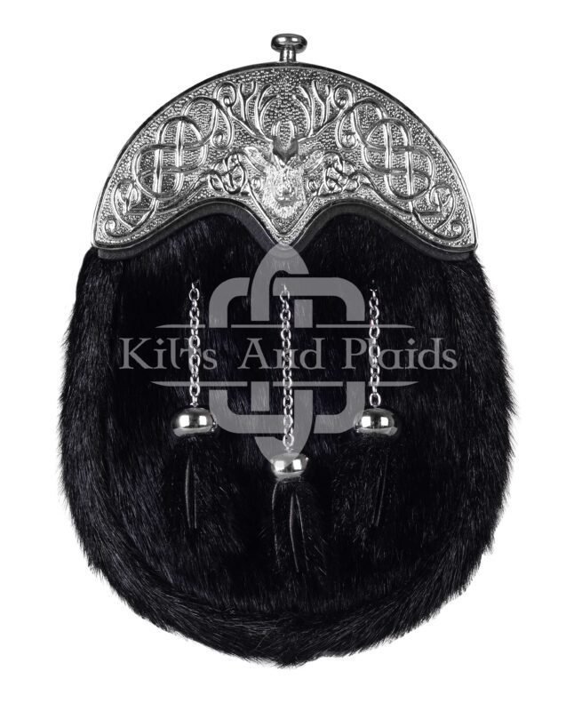 Silver Stag Head Black Seal Fur Full Dress Sporran
