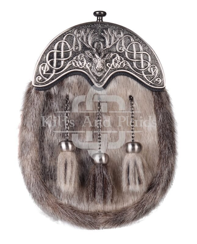 Nickle Brushed Stag Head Seal Fur Full Dress Sporran