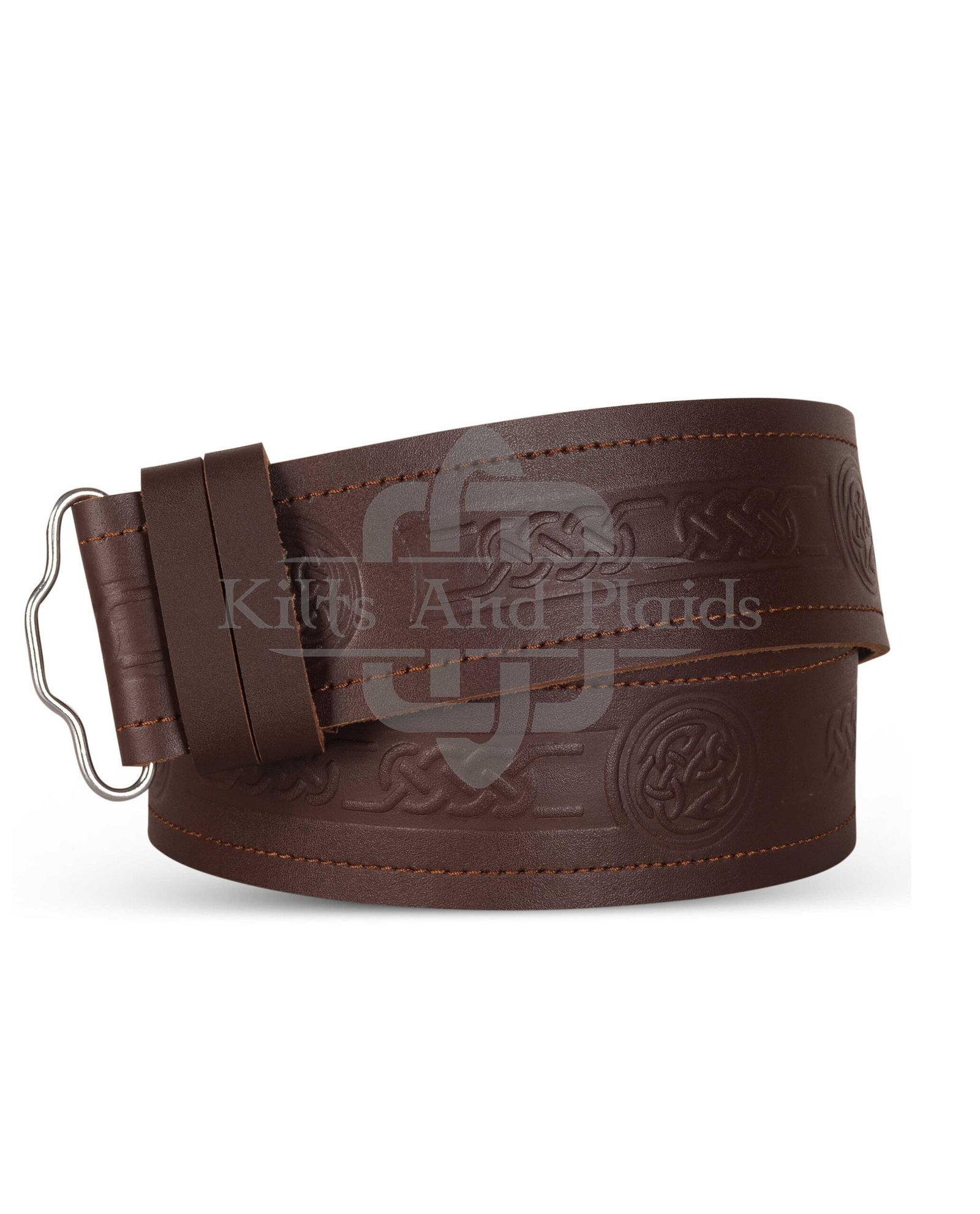 3 Celtic Knots and Circle Embossed Brown Leather Kilt Belt