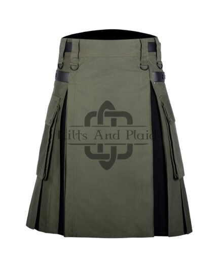 Olive Green Cotton - Black Tartan Hybrid Kilt