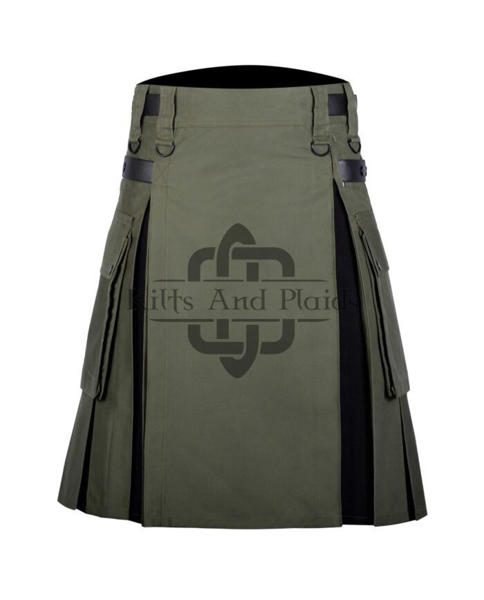 Olive Green Cotton - Black Tartan Hybrid Kilt
