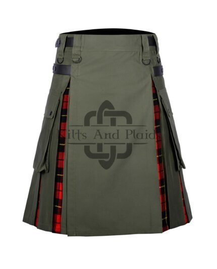 Olive Green Cotton - Wallace Tartan Hybrid Kilt