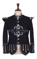 Scottish Black Melton Wool Silver Braided Military Piper Doublet