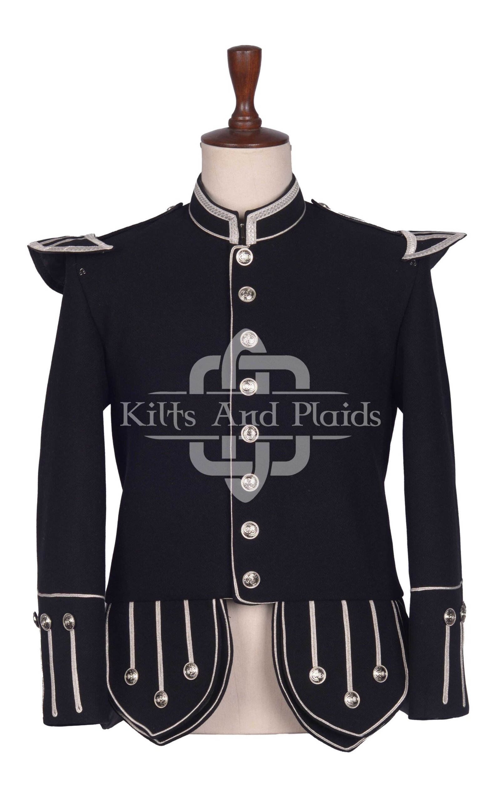 Scottish Black Melton Wool Silver Braided Military Piper Doublet