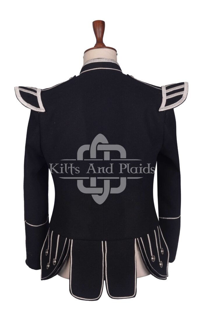 Scottish Black Melton Wool Silver Braided Military Piper Doublet