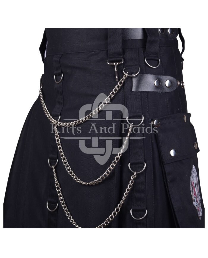 Black Print Gothic Kilt with Chain