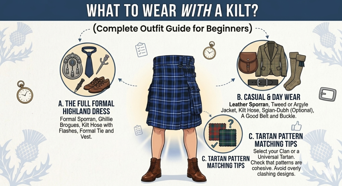An educational infographic titled "WHAT TO WEAR WITH A KILT?" featuring a central illustration of a blue tartan utility kilt. Three circular icons branch out to explain different styles: "The Full Formal Highland Dress" with a sporran, tie, and ghillie brogues; "Casual & Day Wear" featuring a tweed jacket and leather sporran; and "Tartan Pattern Matching Tips" showing fabric swatches. The background is a light cream color decorated with blue thistle illustrations.