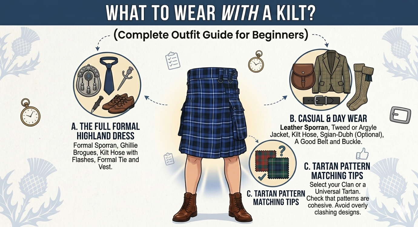 An educational infographic titled "WHAT TO WEAR WITH A KILT?" featuring a central illustration of a blue tartan utility kilt. Three circular icons branch out to explain different styles: "The Full Formal Highland Dress" with a sporran, tie, and ghillie brogues; "Casual & Day Wear" featuring a tweed jacket and leather sporran; and "Tartan Pattern Matching Tips" showing fabric swatches. The background is a light cream color decorated with blue thistle illustrations.